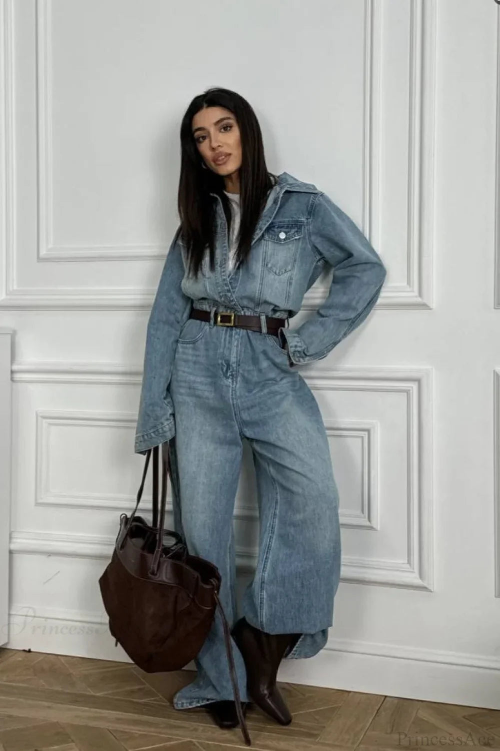 Vintage Denim Loose Long Pants Jumpsuit-Style Two Piece Set