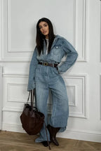 Vintage Denim Loose Long Pants Jumpsuit-Style Two Piece Set