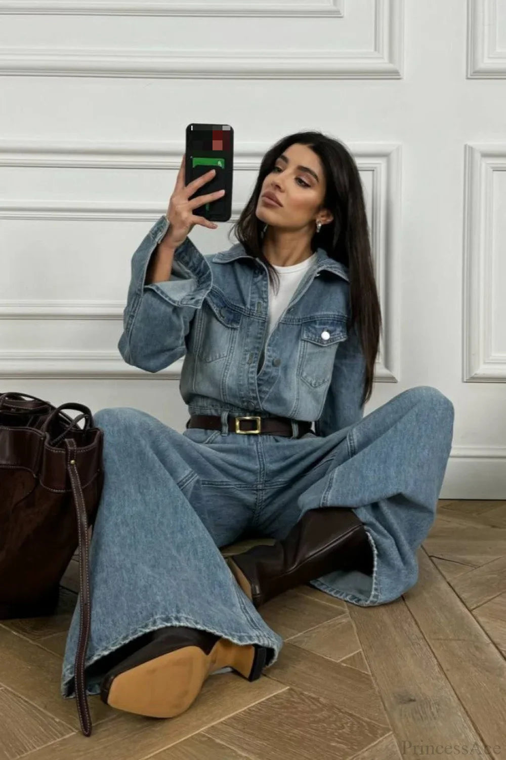 Vintage Denim Loose Long Pants Jumpsuit-Style Two Piece Set