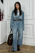 Vintage Denim Loose Long Pants Jumpsuit-Style Two Piece Set