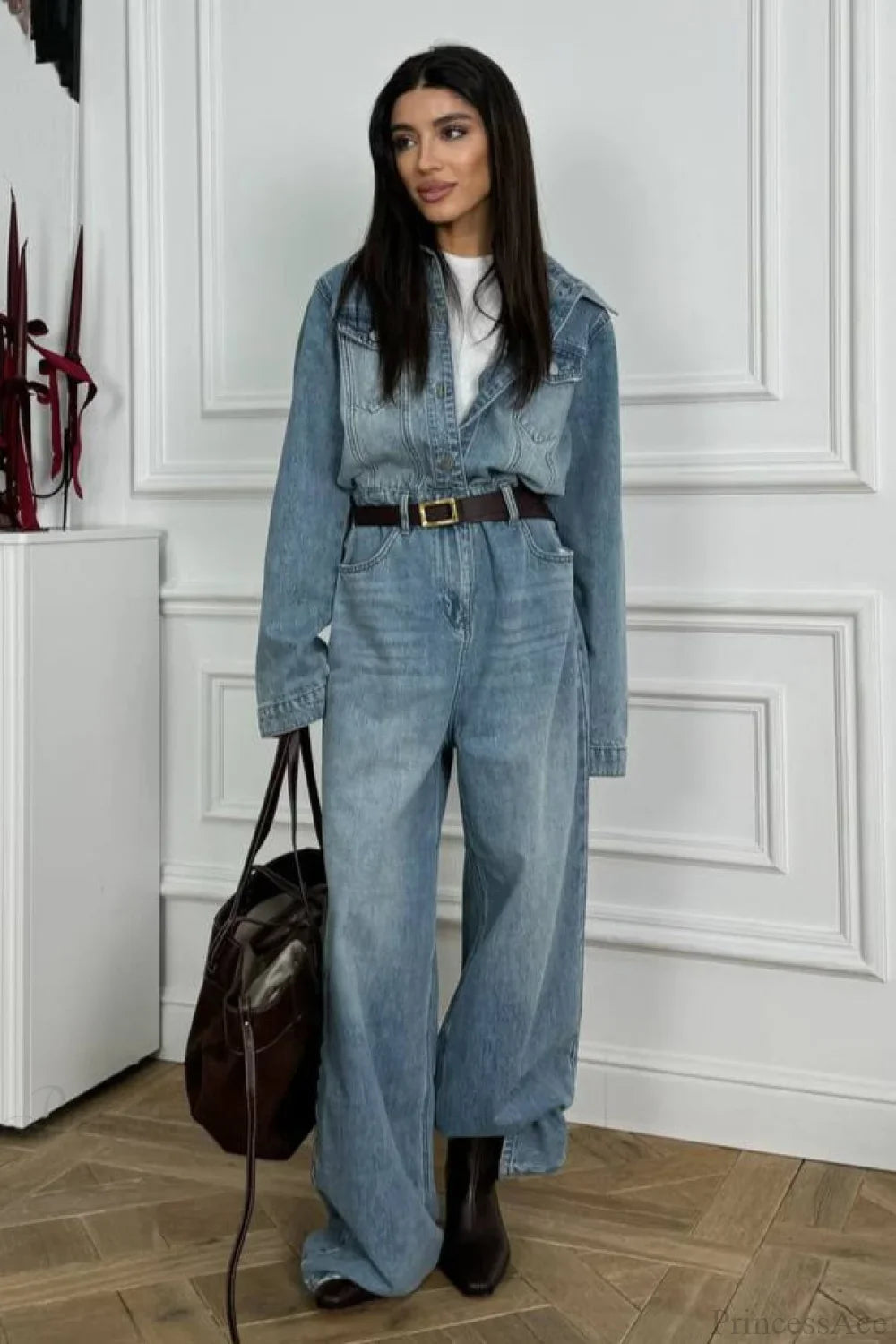 Vintage Denim Loose Long Pants Jumpsuit-Style Two Piece Set
