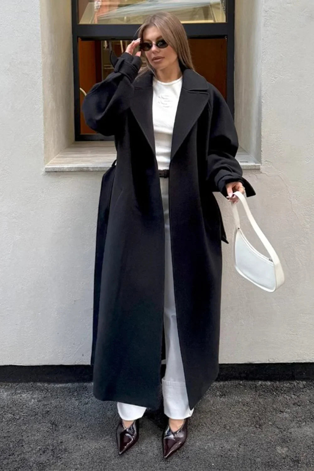 Vintage Elegant Wool Tie Waist Relaxed Overcoat