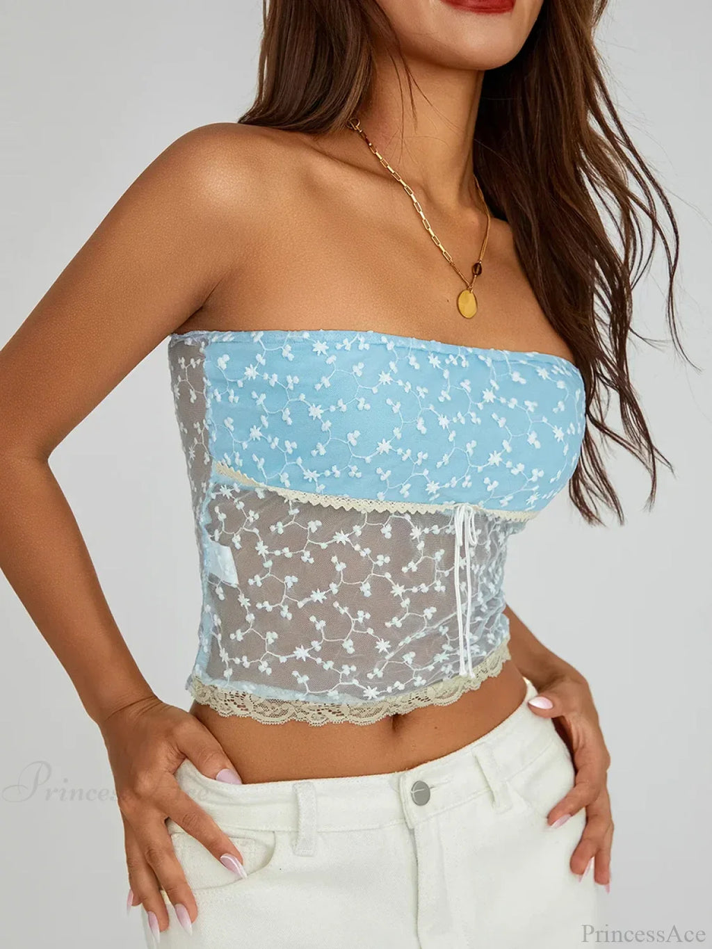 Vintage Embroidered Floral Off-Shoulder Sheer Bandeau Top