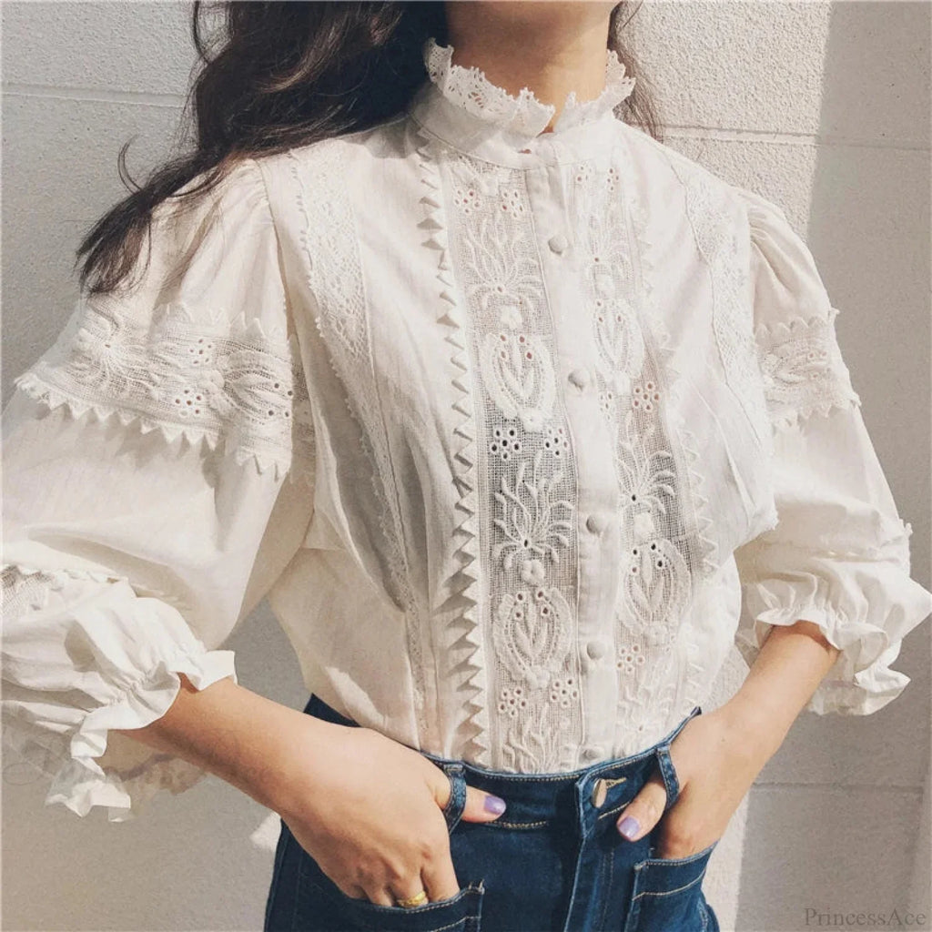 Vintage Floral Embroidery Cotton Linen Lantern Sleeve Boho Blouse