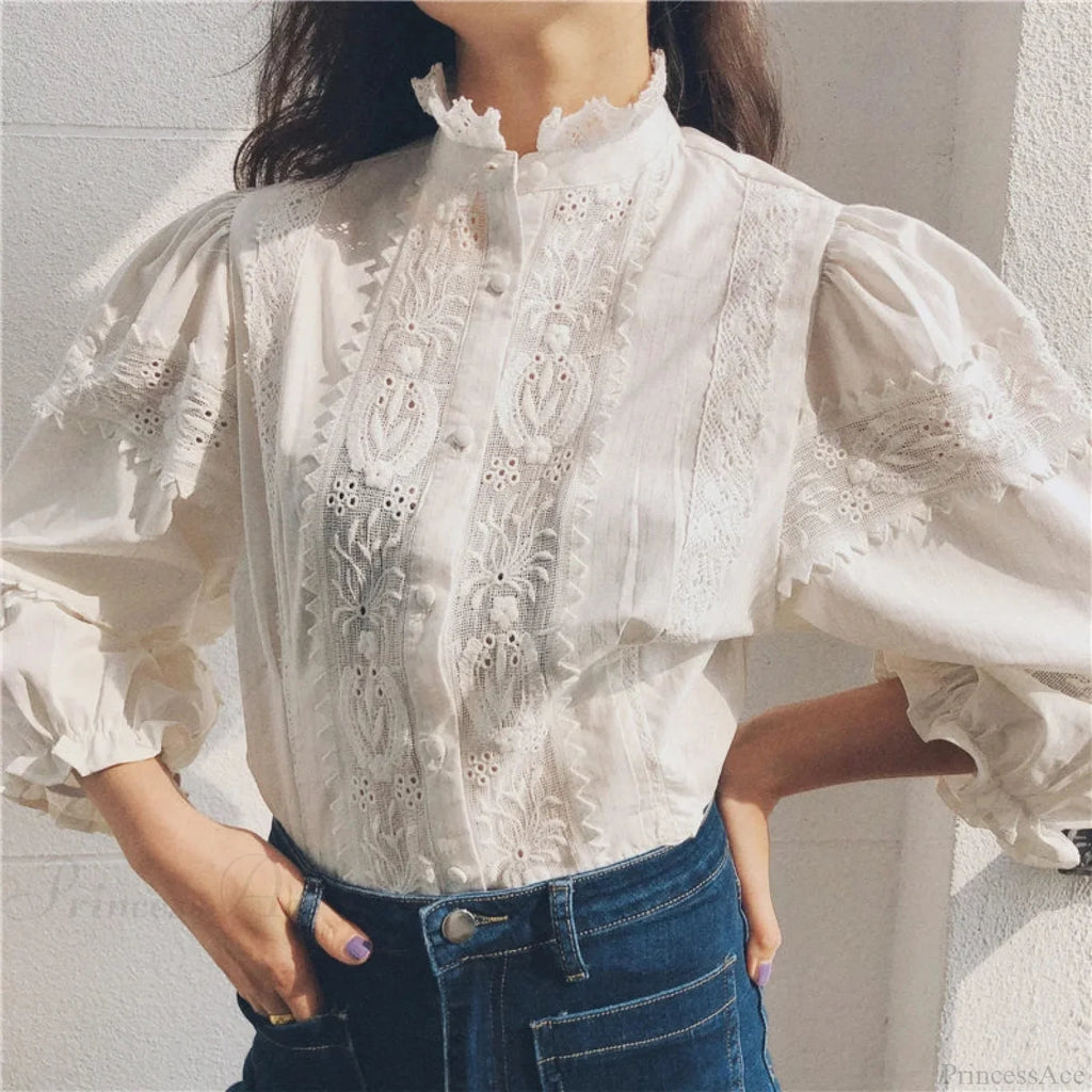 Vintage Floral Embroidery Cotton Linen Lantern Sleeve Boho Blouse