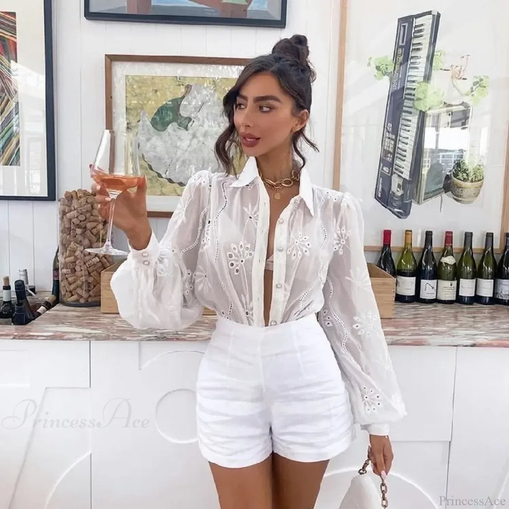 Vintage Floral Embroidery Hollow Out Puff Sleeve Boho Blouse
