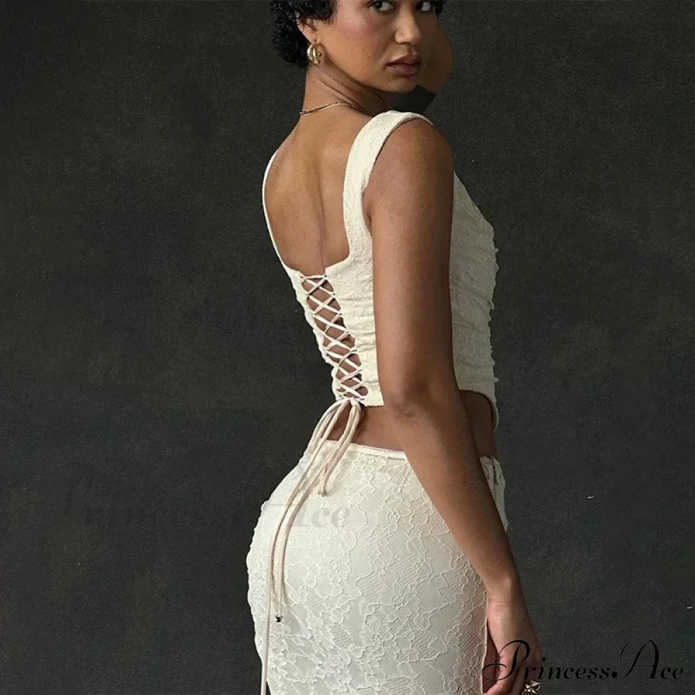 Vintage Floral Lace Corset Top And Skirt Sets Backless Bandage Midi Dress