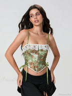 Vintage Floral Lace Trim Tie-Up Spaghetti Strap Bustier