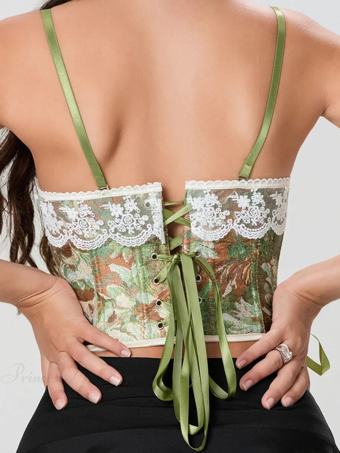 Vintage Floral Lace Trim Tie-Up Spaghetti Strap Bustier
