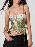 Vintage Floral Lace Trim Tie-Up Spaghetti Strap Bustier