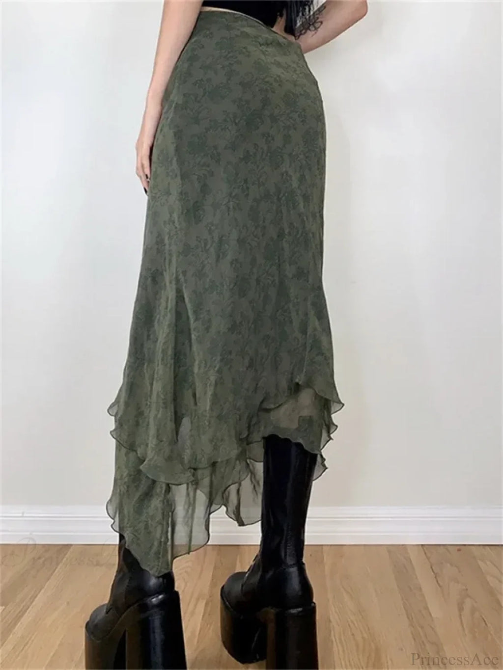 Vintage Floral Midi Skirt High Waist Mesh Irregular