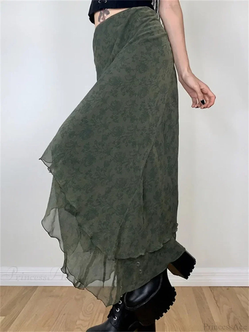 Vintage Floral Midi Skirt High Waist Mesh Irregular