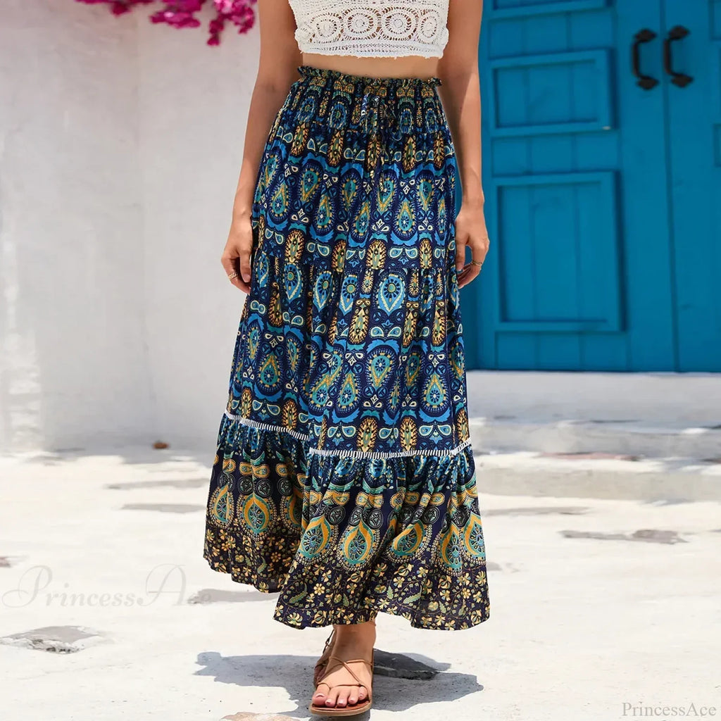 Vintage Floral Peacock Skirt High Elastic Beach Bohemian A-Line