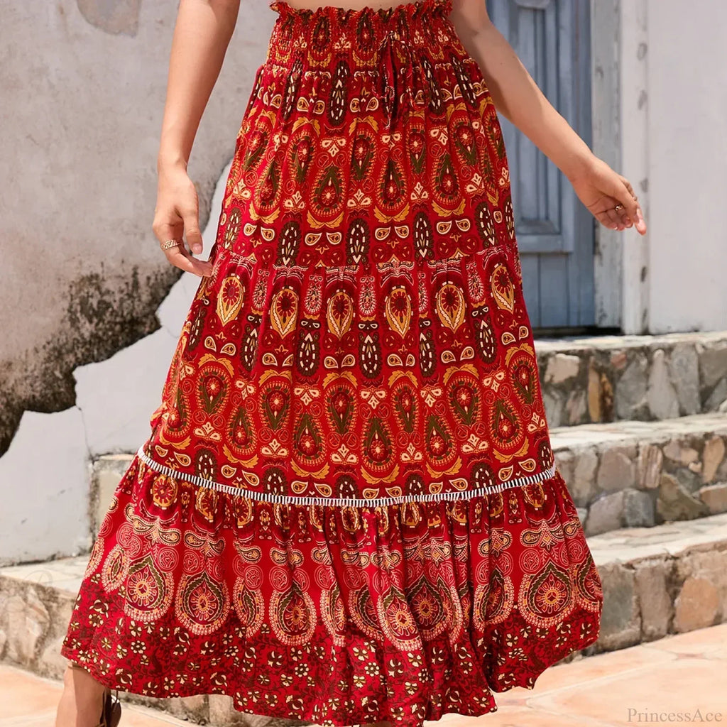 Vintage Floral Peacock Skirt High Elastic Beach Bohemian A-Line