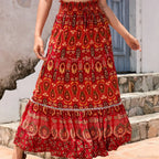 Vintage Floral Peacock Skirt High Elastic Beach Bohemian A-Line