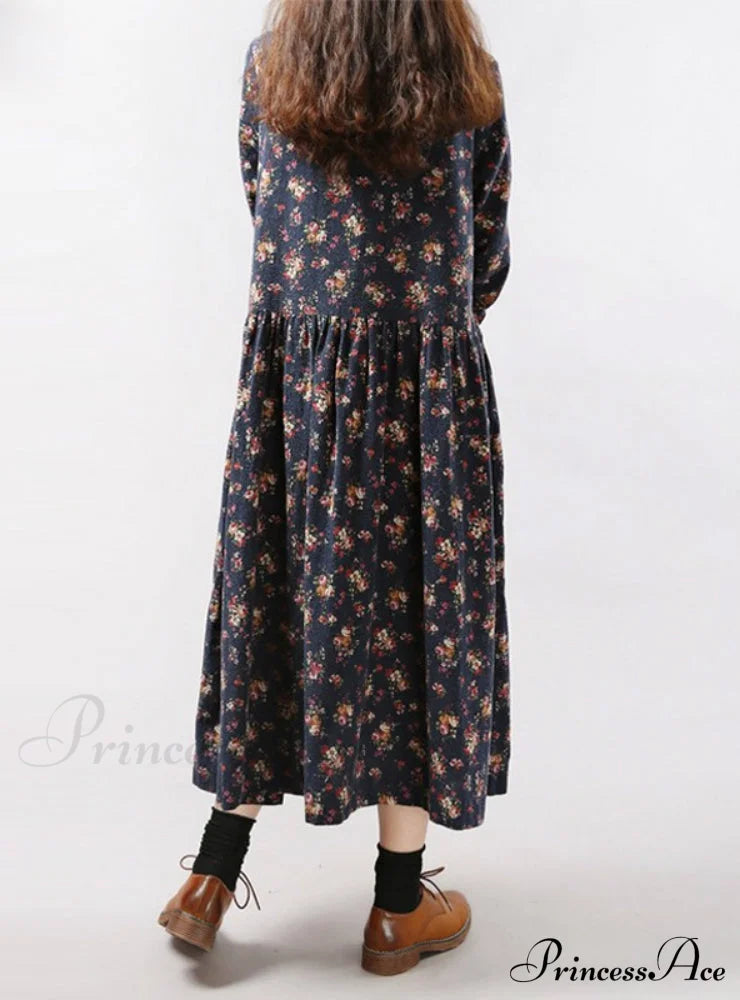 Vintage Floral Loose Long-Sleeve Casual Dress