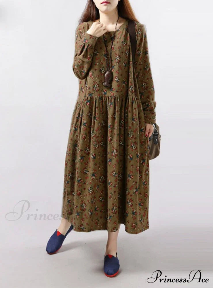 Vintage Floral Loose Long-Sleeve Casual Dress