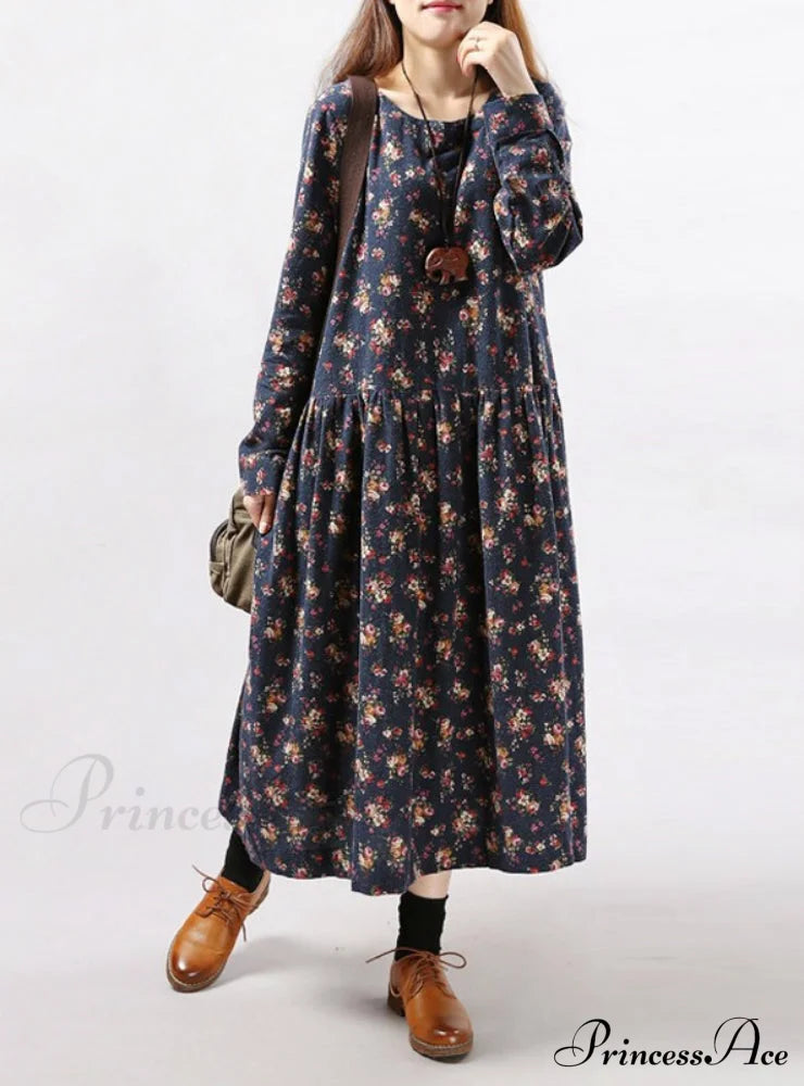 Vintage Floral Loose Long-Sleeve Casual Dress