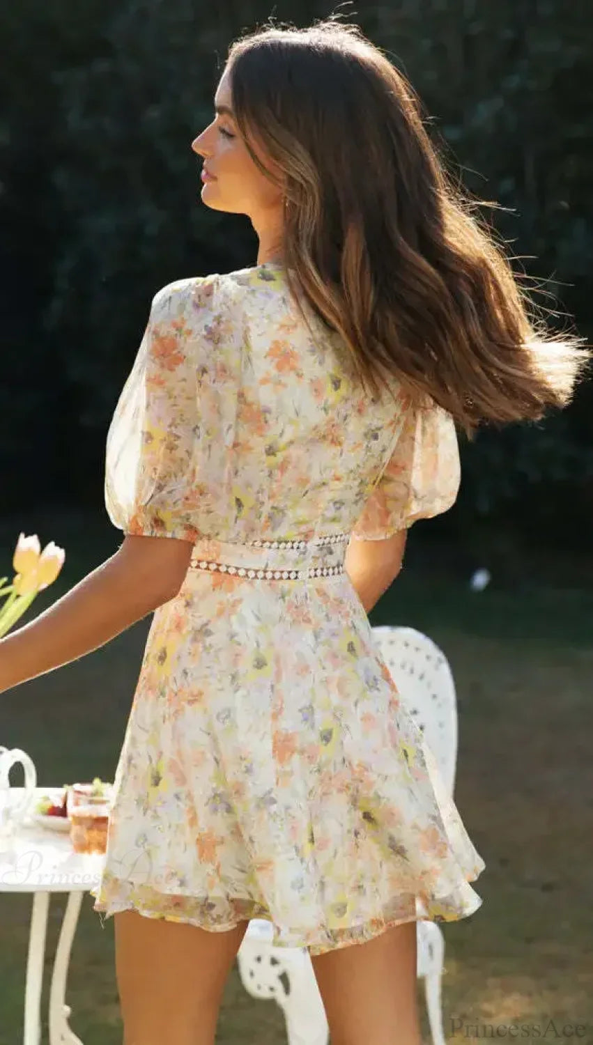 Vintage Floral Print Long Sleeve Hollow Out V-Neck Mini Boho Dress