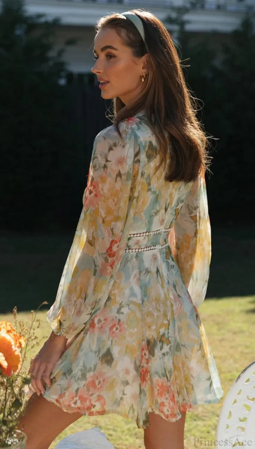 Vintage Floral Print Long Sleeve Hollow Out V-Neck Mini Boho Dress
