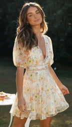 Vintage Floral Print Long Sleeve Hollow Out V-Neck Mini Boho Dress