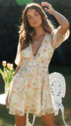 Vintage Floral Print Long Sleeve Hollow Out V-Neck Mini Boho Dress