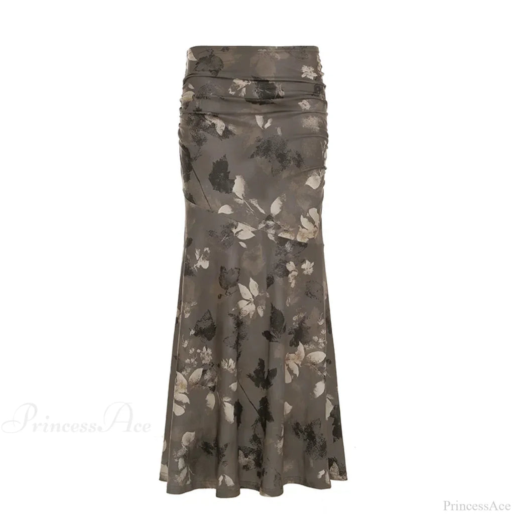 Vintage Floral Print Maxi Skirt Grunge Style 2000S