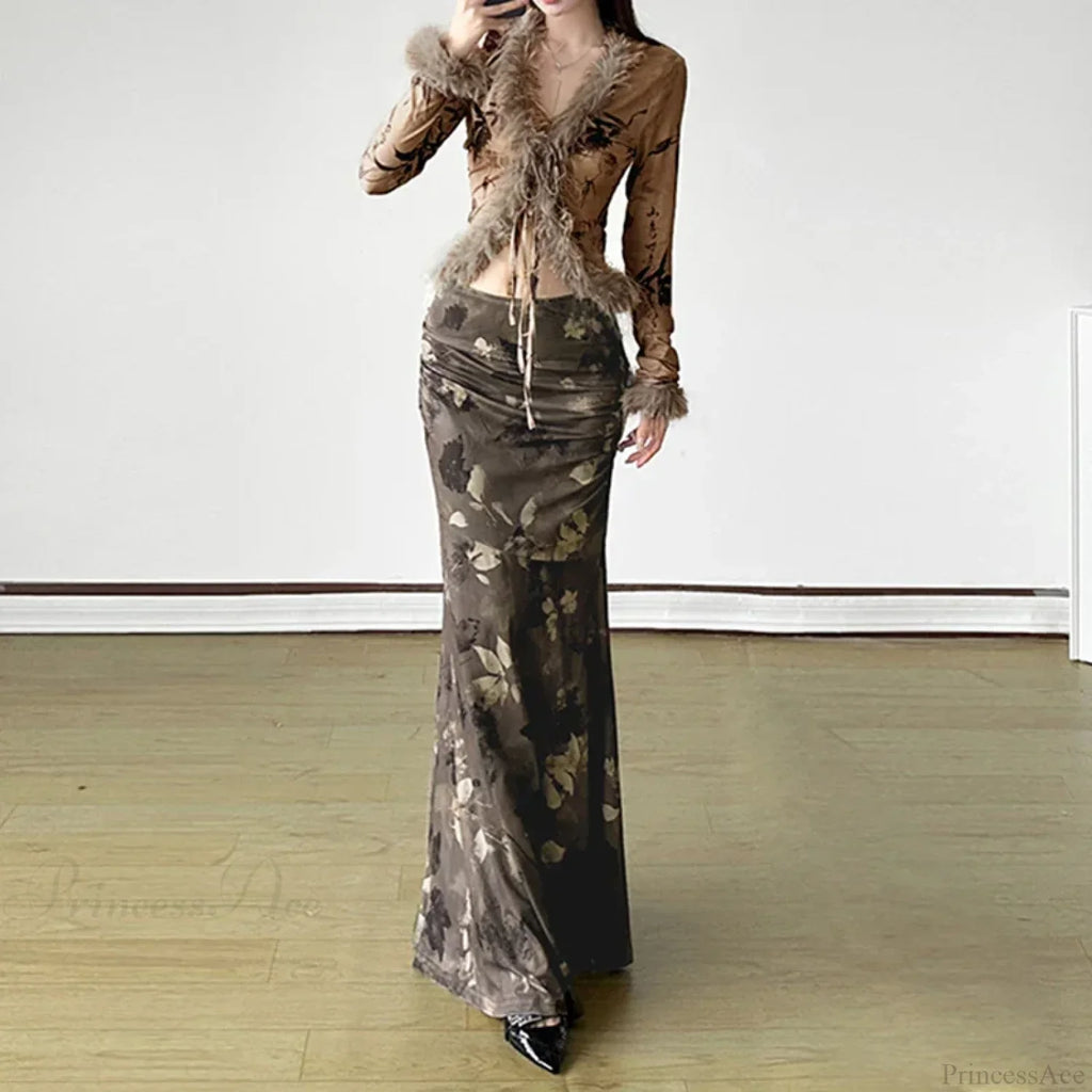 Vintage Floral Print Maxi Skirt Grunge Style 2000S