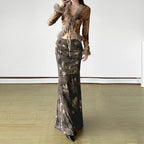 Vintage Floral Print Maxi Skirt Grunge Style 2000S