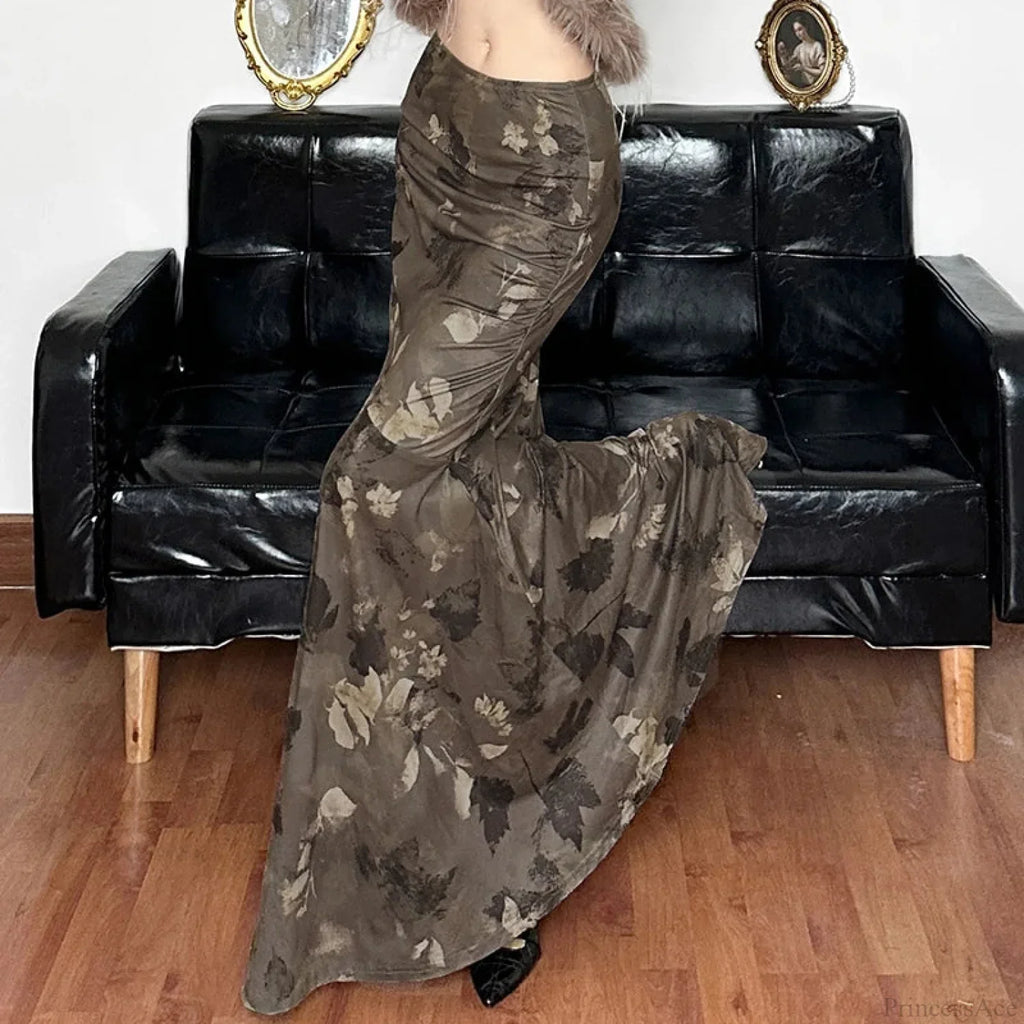 Vintage Floral Print Maxi Skirt Grunge Style 2000S