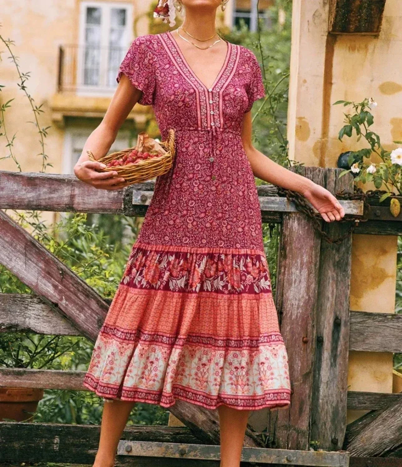 Vintage Floral Print Sashes Cross V-Neck Maxi Boho Dress