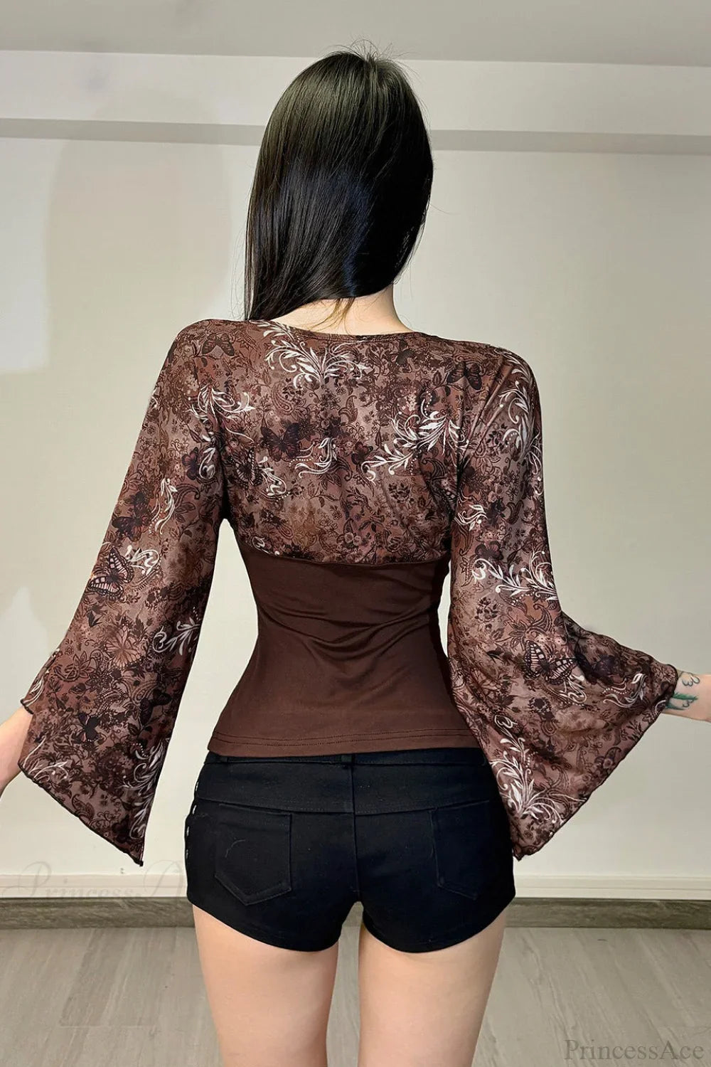Vintage Floral Print V-Neck Slim Long Sleeve Tee