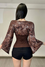 Vintage Floral Print V-Neck Slim Long Sleeve Tee