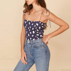 Vintage Floral Smocked Tie Strap Slim Fitted Crop Cami Top