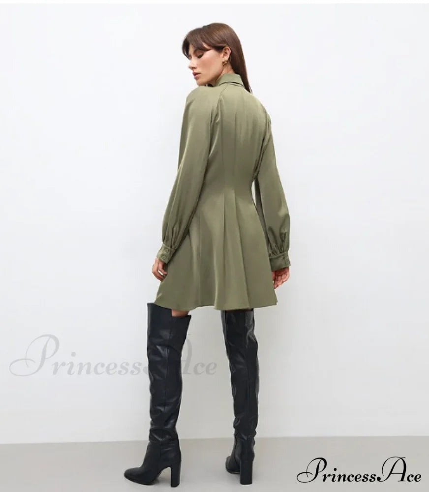 Vintage Green Office Long Sleeve Lapel Short Dress For Autumn