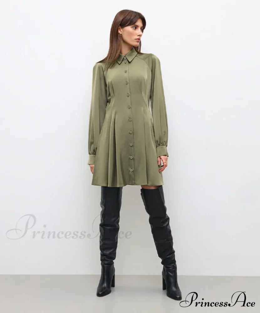 Vintage Green Office Long Sleeve Lapel Short Dress For Autumn