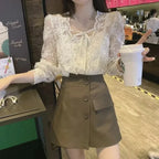 Vintage Lace Puff Long Sleeve Crochet Blouse