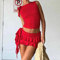 Vintage Lettuce Edge Tie Up Crop Top + Ruched Tiered Ruffles Mini Skirt Coquette 2 Piece Set Women Club Party Streetwear