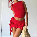 Vintage Lettuce Edge Tie Up Crop Top + Ruched Tiered Ruffles Mini Skirt Coquette 2 Piece Set Women Club Party Streetwear
