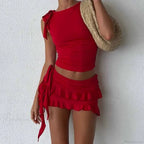 Vintage Lettuce Edge Tie Up Crop Top + Ruched Tiered Ruffles Mini Skirt Coquette 2 Piece Set Women Club Party Streetwear