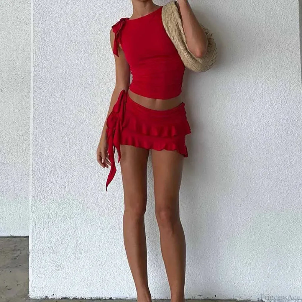Vintage Lettuce Edge Tie Up Crop Top + Ruched Tiered Ruffles Mini Skirt Coquette 2 Piece Set Women Club Party Streetwear