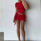 Vintage Lettuce Edge Tie Up Crop Top + Ruched Tiered Ruffles Mini Skirt Coquette 2 Piece Set Women Club Party Streetwear