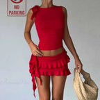 Vintage Lettuce Edge Tie Up Crop Top + Ruched Tiered Ruffles Mini Skirt Coquette 2 Piece Set Women Club Party Streetwear