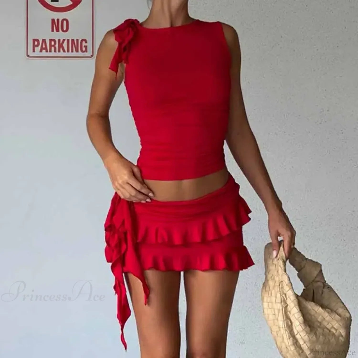 Vintage Lettuce Edge Tie Up Crop Top + Ruched Tiered Ruffles Mini Skirt Coquette 2 Piece Set Women Club Party Streetwear