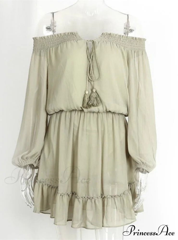 Vintage Off Shoulder Chiffon Dress With Long Lantern Sleeves
