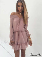Vintage Off Shoulder Chiffon Dress With Long Lantern Sleeves