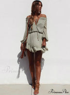 Vintage Off Shoulder Chiffon Dress With Long Lantern Sleeves
