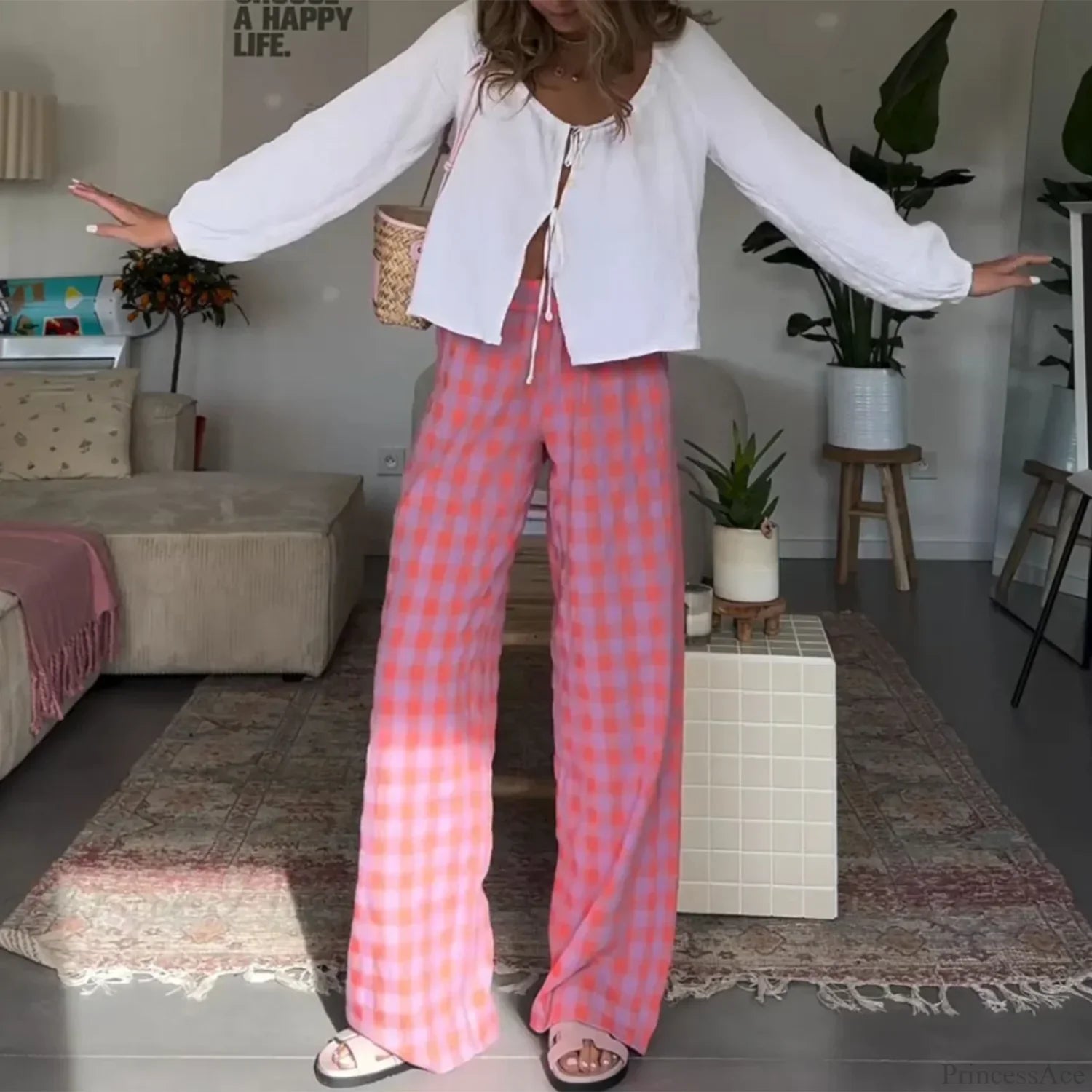 Vintage Plaid High Waist Loose Casual Aesthetic Pant