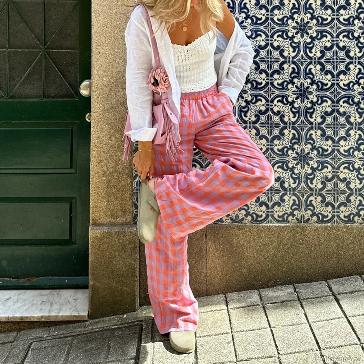 Vintage Plaid Loose Wide Leg Boho Palazzo Pant