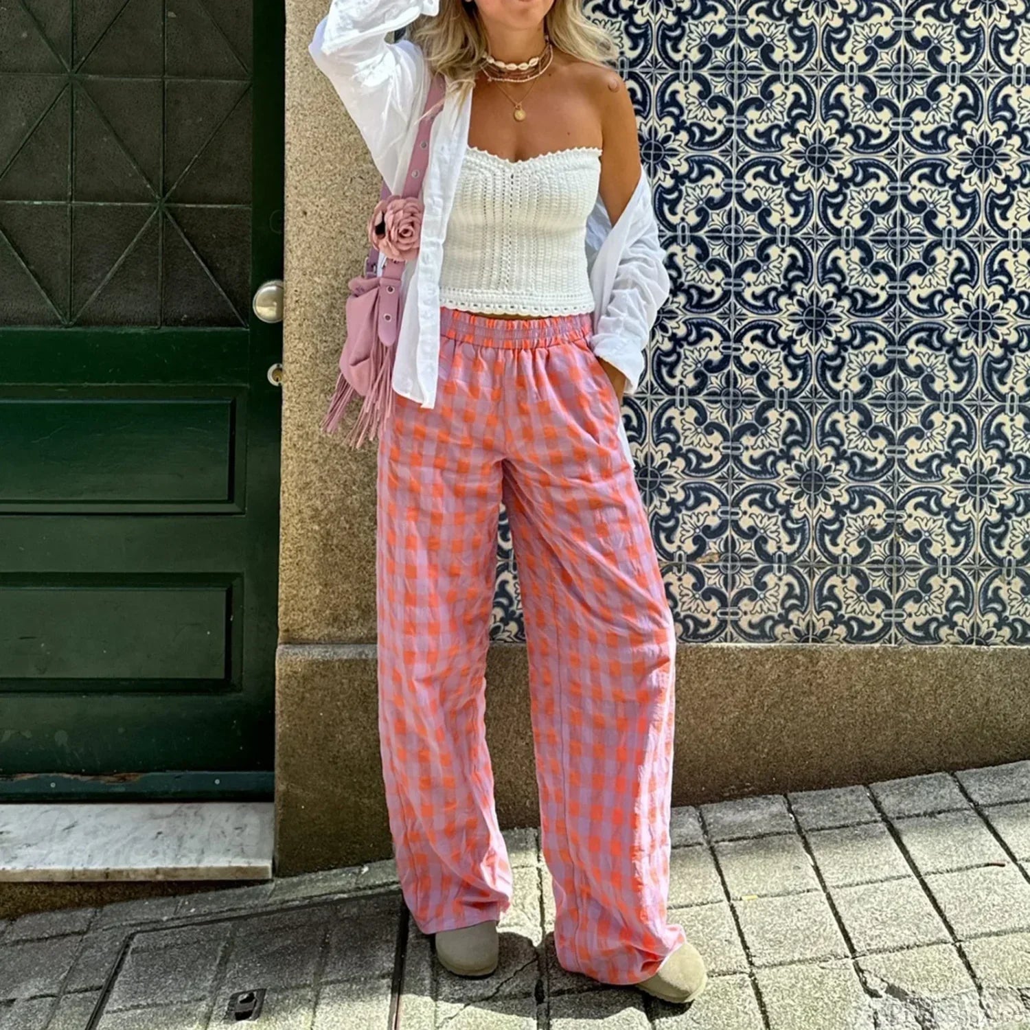 Vintage Plaid Loose Wide Leg Boho Palazzo Pant